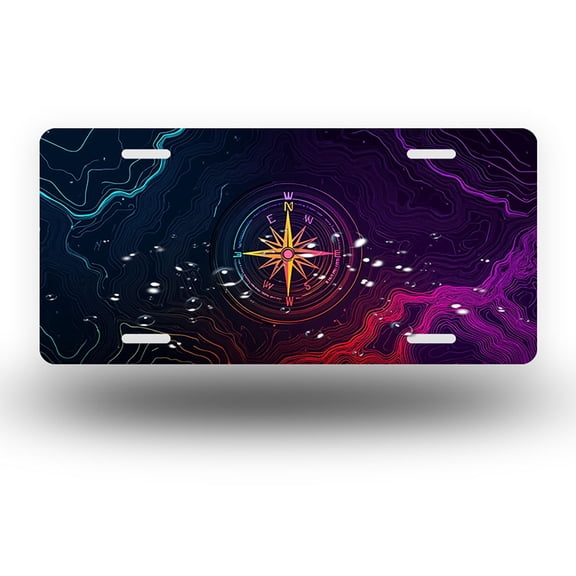 License Plate,Neon Compass on Abstract Map Decorative Front,Personalized Stainless Steel License Plate Cover For Men Women,12.2" X 6.2"