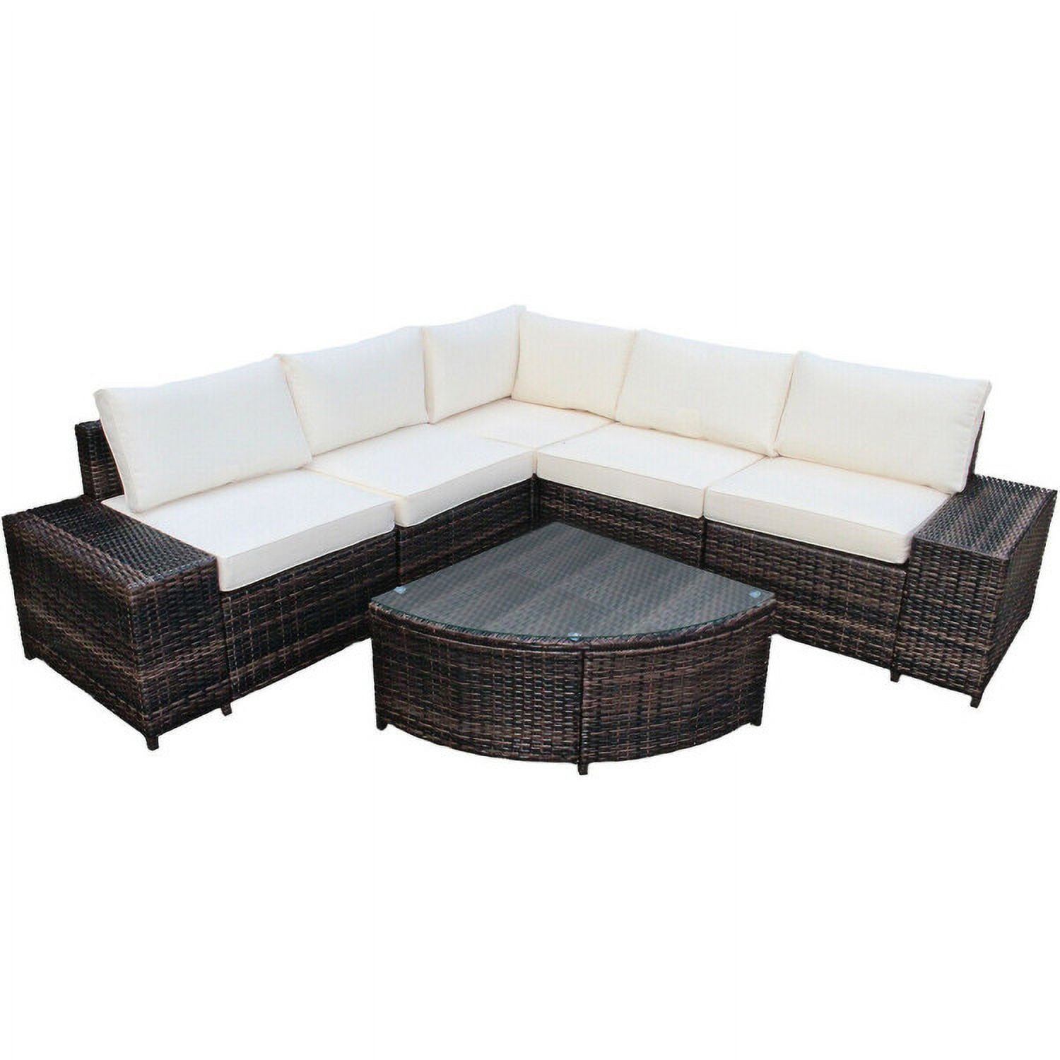 Aimee Lii 6 Piece Wicker Patio Sectional Sofa Set with Tempered Glass Coffee Table, Outdoor Deck Furniture, White