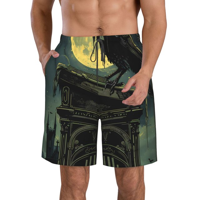 Balery MoonNight Sky Crow Traje de Baño Estilo Hawaiano para Hombre, Shorts de Secado Rápido con Bolsillos-Small