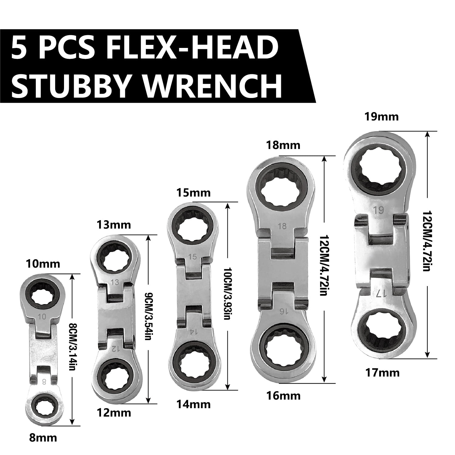 5-Piece Metric Flex Head Ratcheting Wrench Set, Precision Tool, Reversible 72-Tooth 180° Pivoting Head, CR-V Steel 8–19mm, for Automotive & Industrial Repair