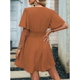 thumbnail image 3 of Women V Neck Mini Dress Summer Ruffle Sleeves A Line Elastic High Waist Flowy Swing Dresses Caramel Color XXL, 3 of 7