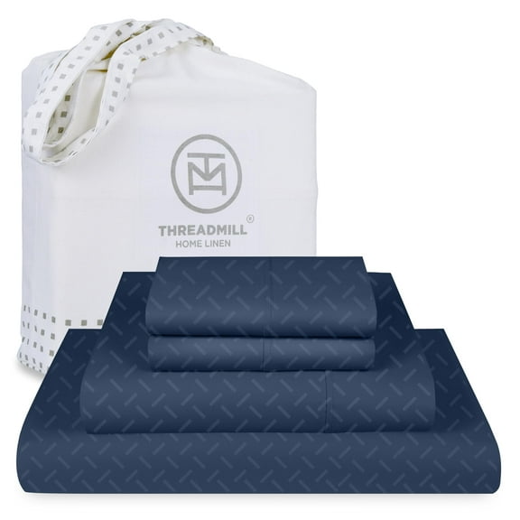 Threadmill Cotton Full Size Sheet Set | 100% Cotton Sheets for Full Size Bed | Damask Jacquard Full Bed Sheets Set with 16” Deep Pocket | Soft Sateen Weave 4-Piece Cooling Bedding Set- Folkstone Blue