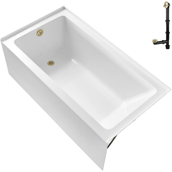 Streamline GA-300-2-PBR 60 in. x 30 in. Acrylic Left-Hand Drain Alcove Bathtub in Glossy White With External Drain in Polished Brass