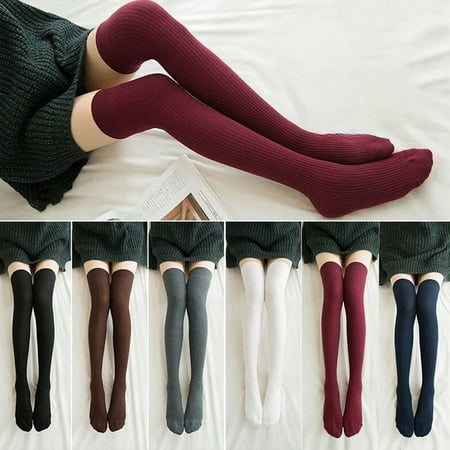

Warkul Thigh High Long Tube Women Socks - 1 Pair Vertical Stripe Solid Color Spring Autumn Good Stretch Beauty Leg Stockings Streetwear