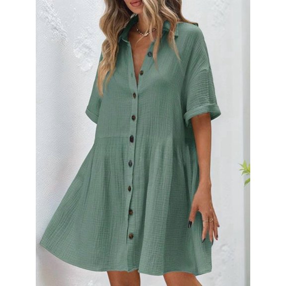 Women'S Summer Babydoll Dress Casual Short Sleeve Sundress Button Down Dresses Ocean Green S