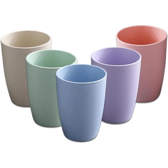 Set of 5 Wheat Straw Drinking Tumbler, 12OZ Small Reusable Drinking Cups Dishwasher Safe, Unbreakable Plastic Stackable Water Tumblers, Bathroom Toothbrush Cups for Juice (5 Colors)
