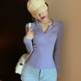 thumbnail image 2 of Women's Solid Color Lapel Sexy Tight Casual Knitted Long-Sleeved T Shirt Tops Blouse, 2 of 3