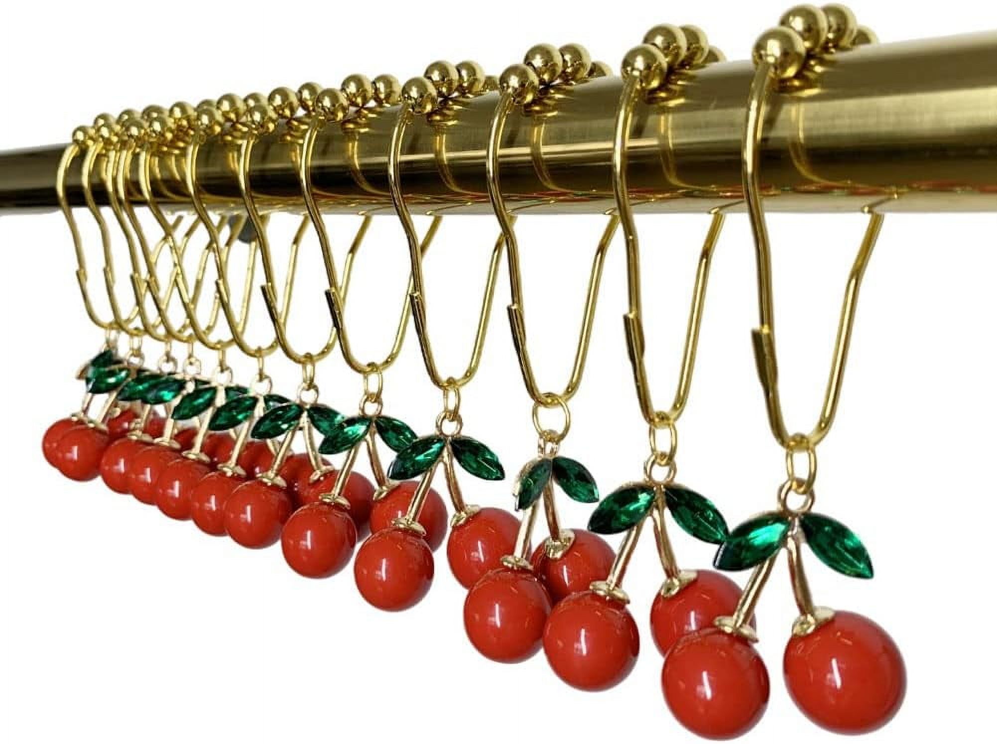 Cherry Shower Curtain Hooks Rings for Bathroom Shower Curtain & Liners, Rust Proof Stainless Steel Decorative Curtain Ring with Resin Red Fruit Themed Cherry Bathroom Decor, Set of 12 (Gold)