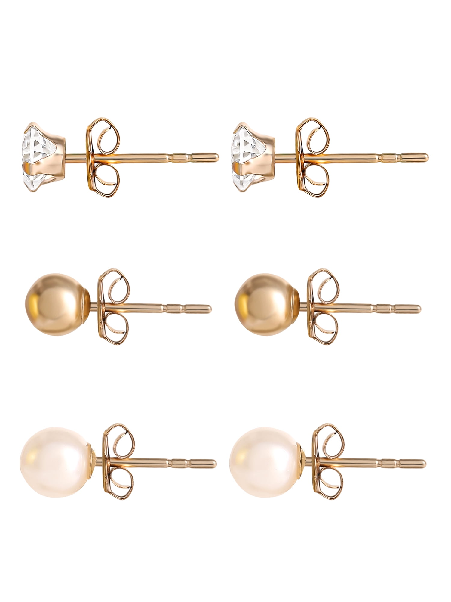 Brilliance Fine Jewelry Women's Pearl Stud Earrings, 3 Pairs, 14K Yellow Gold