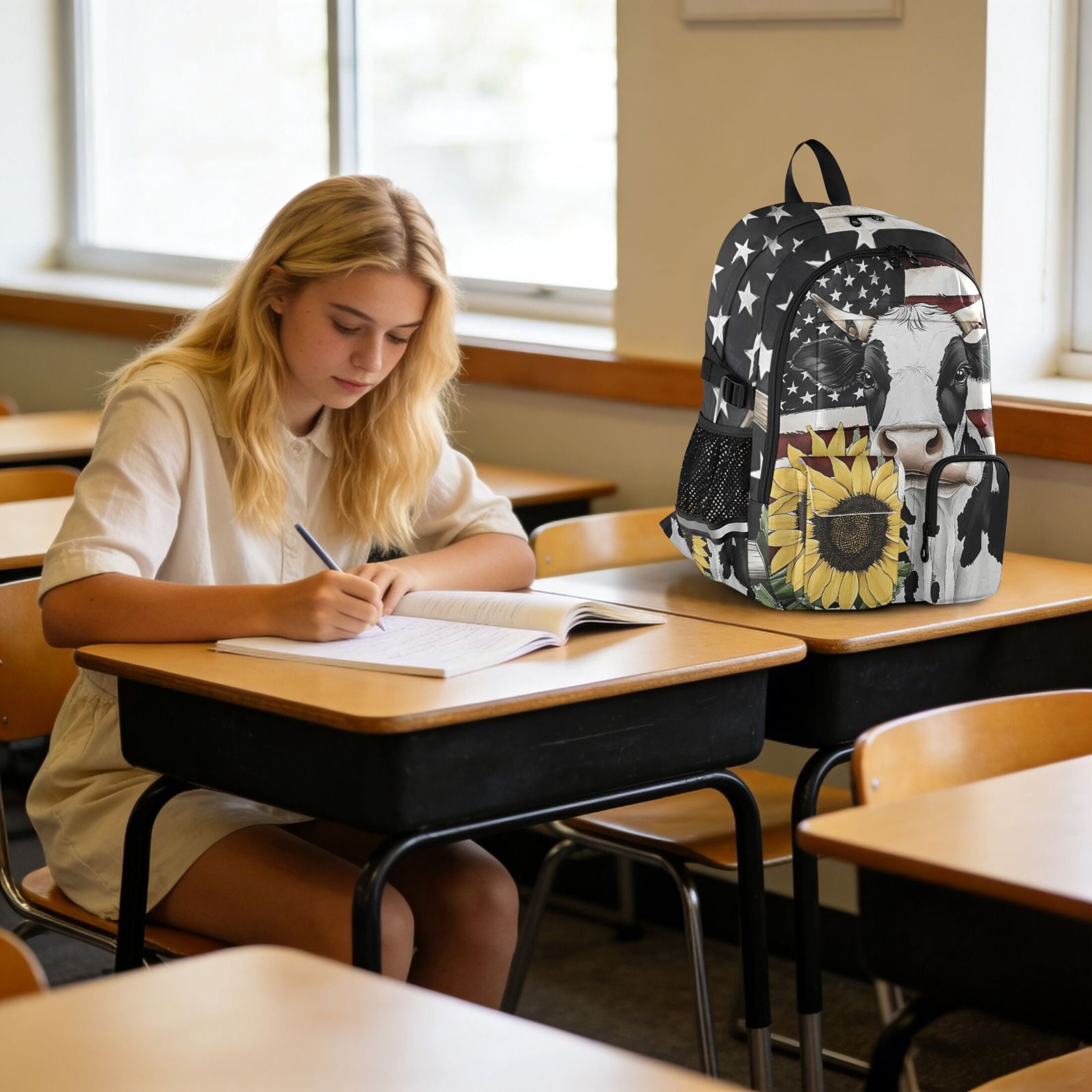 ALAZA Cow with Flag Sunflower Print Student Backpack School Bookbag Large Laptop Daypack Travel Bag