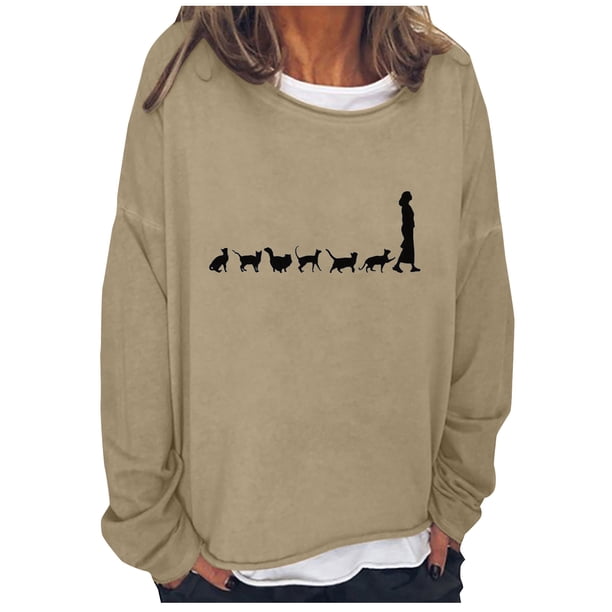 Moda mujer primavera otoño impreso manga larga cuello redondo Casual Tee Tops Pompotops FGAJ1461