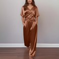 thumbnail image 2 of MDUKONU Women's Satin 2-Piece Set - V-Neck Wrap Tie Top & Cropped Wide Leg Pants Brown L, 2 of 7