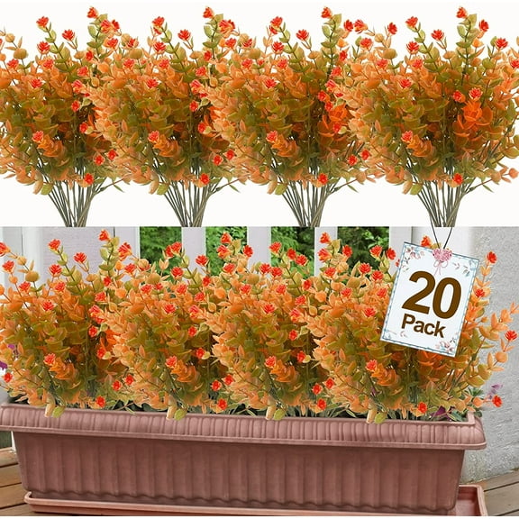 Morttic 20 Bundles Outdoor Artificial Fall Flowers Plants Decoration - UV Resistant Plastic Flowers for Outside Faux Plants for Home Garden Decor (Green Orange)