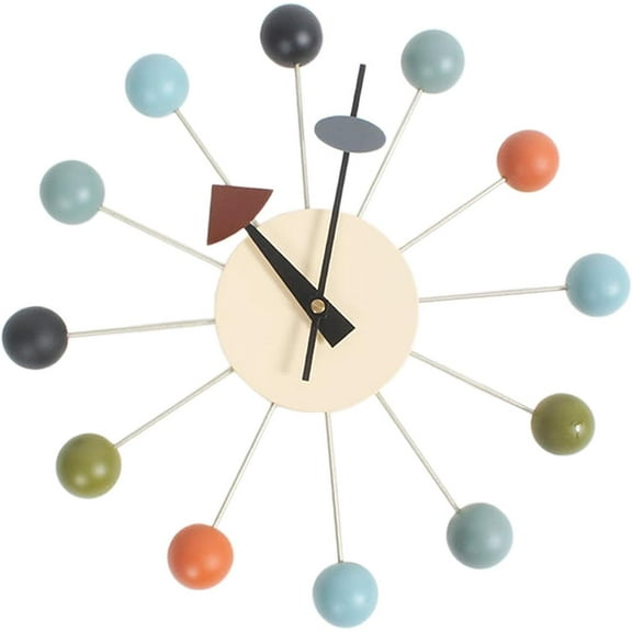 Fenteer Round Ball Wood Wall Clock Decorative Wall Clock No Ticking Wall Hanging Clock Mid Century for Kitchen Home Decor Clocks, Colorful Ball