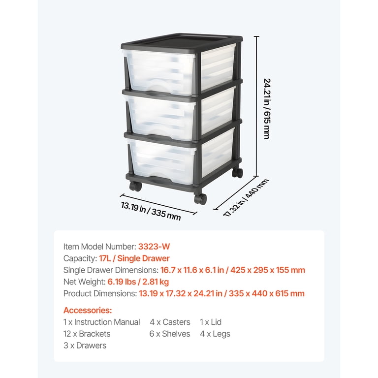KFFKFF 50L Storage Drawer Cart, 3 Clear Bins with Wheels photo 7