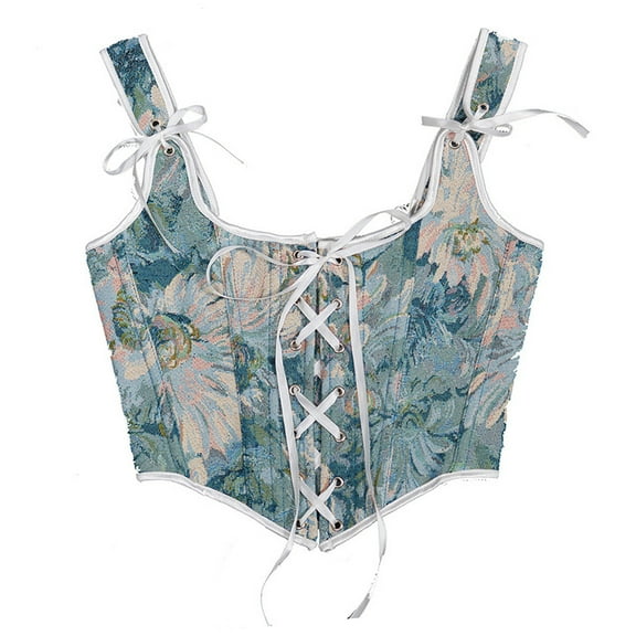 Lilgiuy Women Casual Eyelet Lace-up Floral Print Fishbone Court Vintage Corset Straps Tank Top Light Blue,4 for 2022