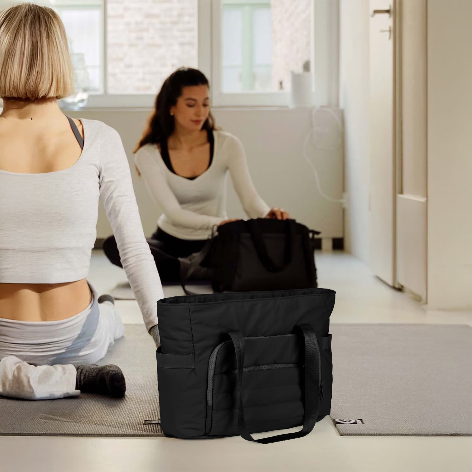 Gynky Tote Bag for Women, Gym Bag Multi-Pocket Lightweight Duffel Bags Puffy Yoga Mat Bag with Compartments, Quilted Large Nurse Shoulder Handbag Yoga Bag Travel Duffle for Work Dance Sports