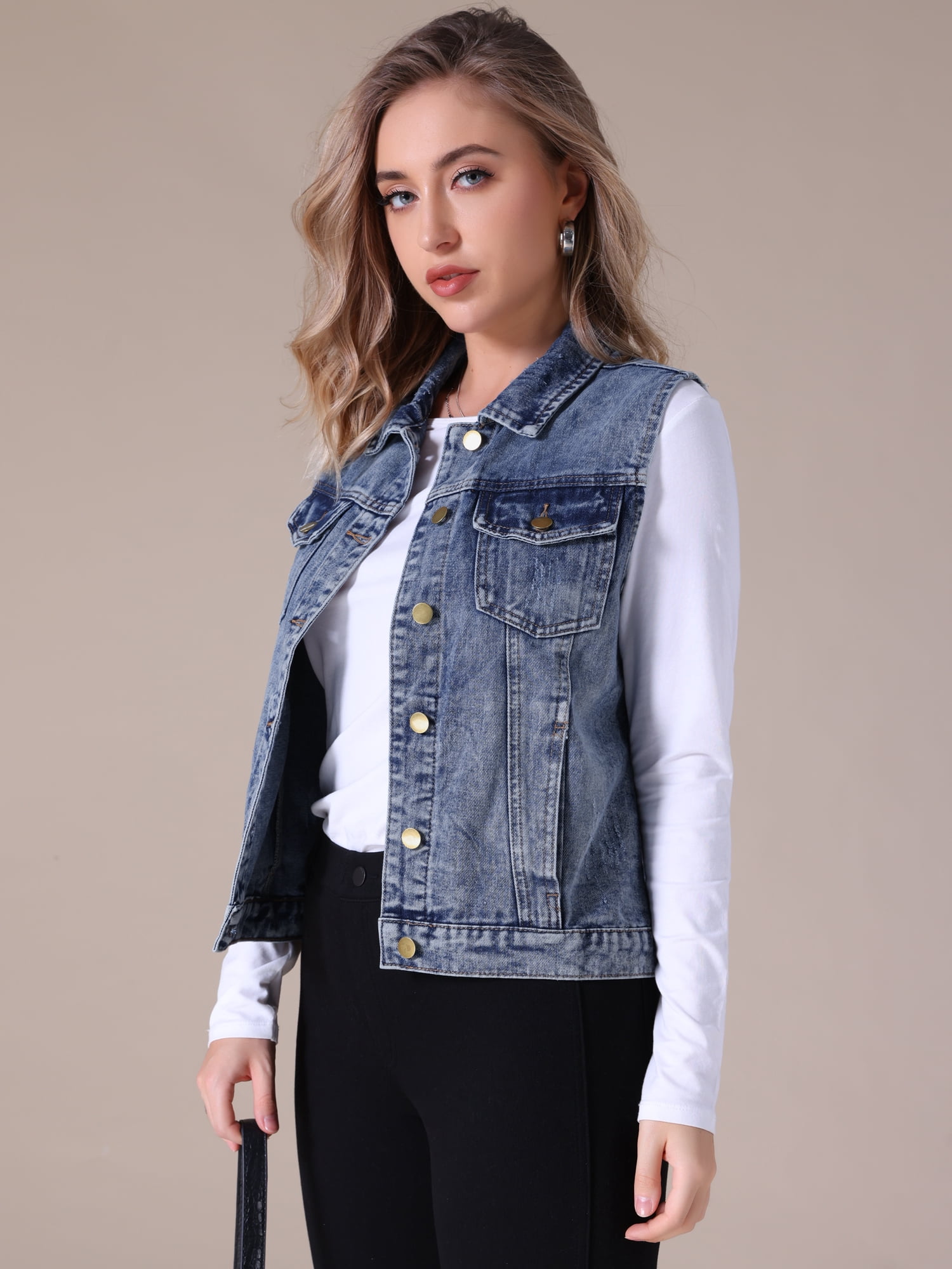 DARING DIVA Womens Denim Vest Button Down Jacket Sleeveless Jean Jacket M Gray Blue