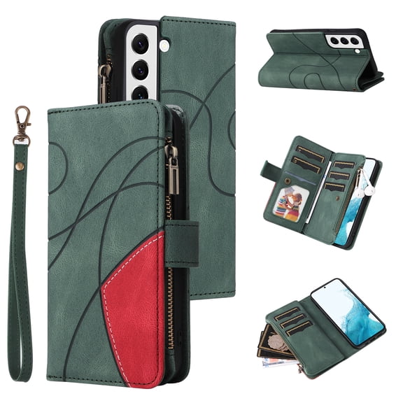Zipper Wallet Case for Samsung Galaxy S22 Plus Large Capacity Card Slots Holder Magnetic Cover, Luxury PU Leather Anti-Shock Flip Folio Case with Kickstand Wrist Strap Handbag Protective Case,Green