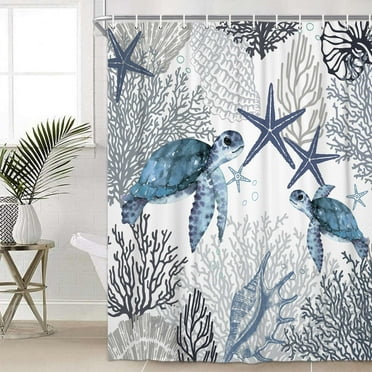 Nautical Coastal Shower Curtain, Gray Tropical Sea Turtle Seashell Starfish Bath Curtain Decor, Beach Waterproof Fabric for Shower Curtain Set with Hooks, 70X75in