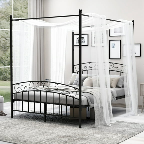 alazyhome Queen ​Size Metal Canopy Bed Frame, Modern Design, Black