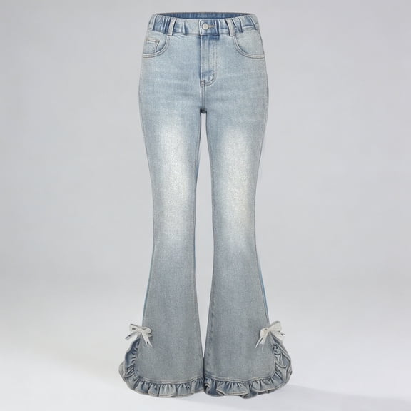 ZHOGXU Teen Big Kids Girls Flare Jeans Elastic Waist Bow Design Ruffles Stretch Bootcut Pants Trousers For Casual Daily Wear,Light Blue,5-6 Years