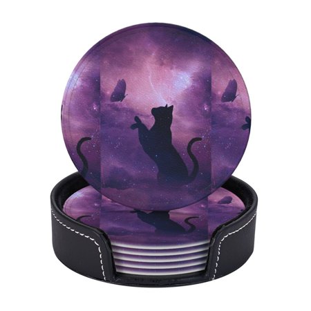 

6 Pcs Leather Coasters Purple Galaxy Cat Coasters For Drinks Cup Mat Pad Housewarming Gift Ideal For Home Decor