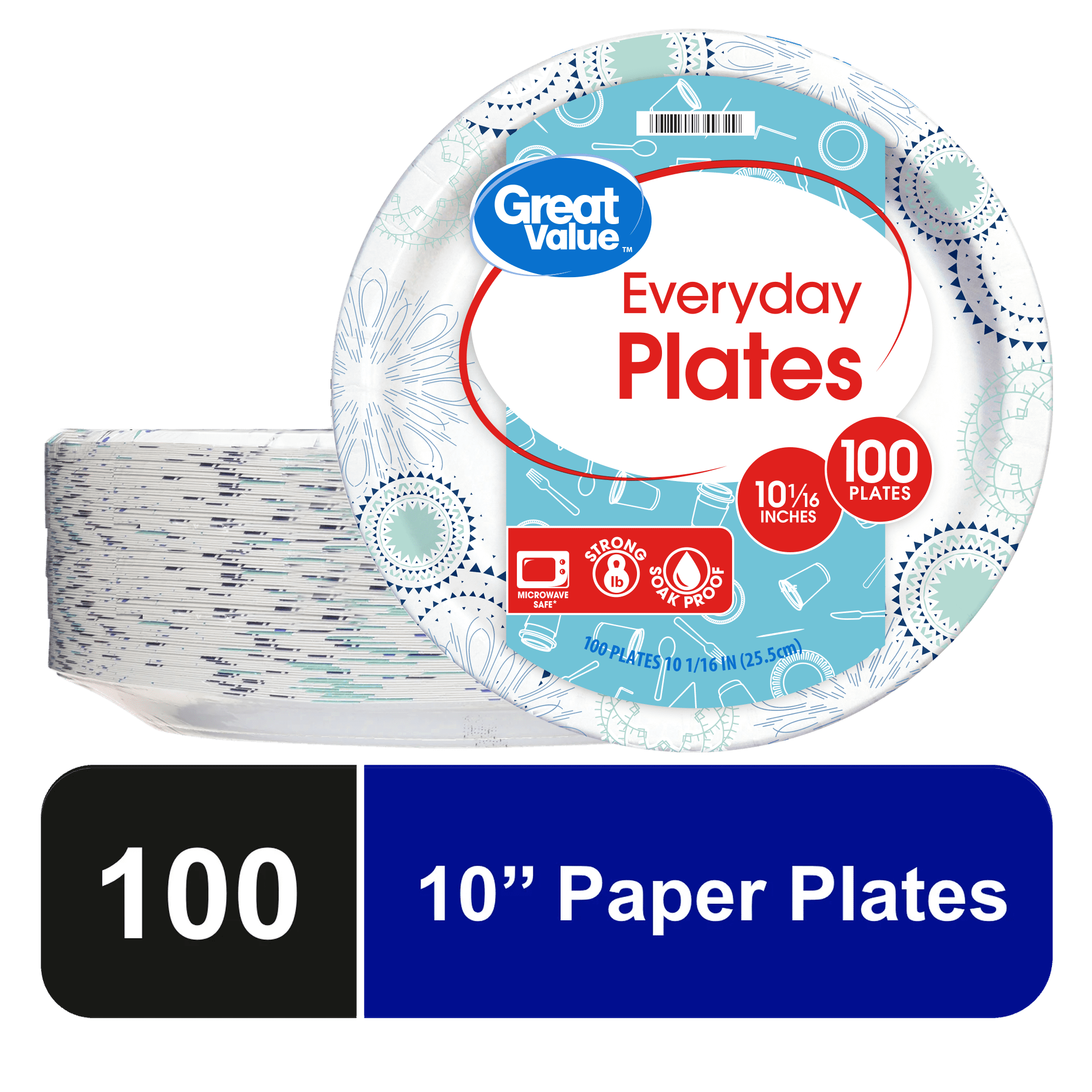 Great Value Disposable Paper Plates, inch, 100 Count