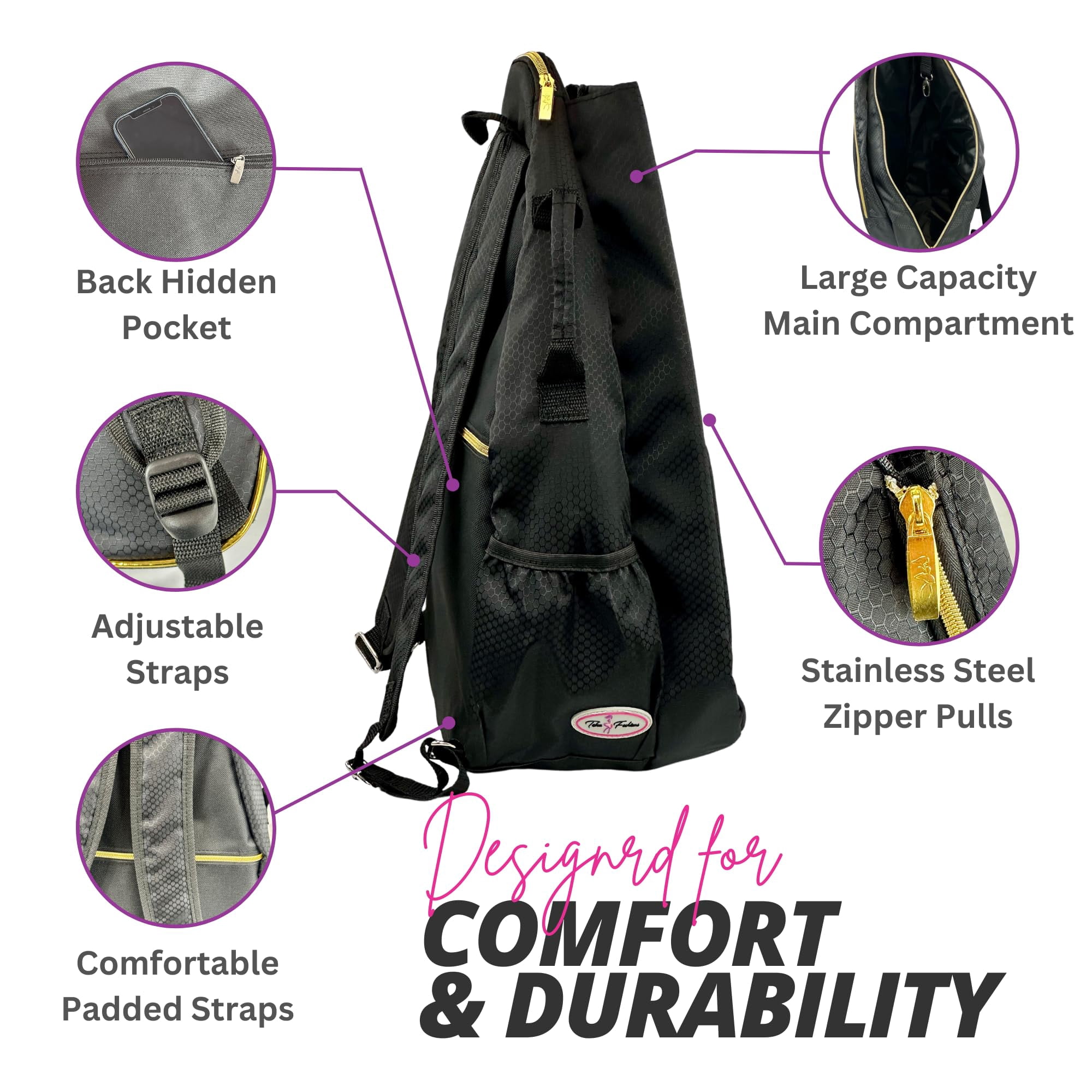 Taboo Fashions Womens Tennis Backpack Ladies Tennis Bag Holds Two Racquets, Padded Straps and Side Carry Handle (Gold Luxe)