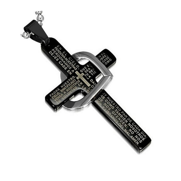 Stainless Steel Black Cross Love Heart Lord's Prayer Pardre Nuestro Spanish Pendant Necklace, 24"