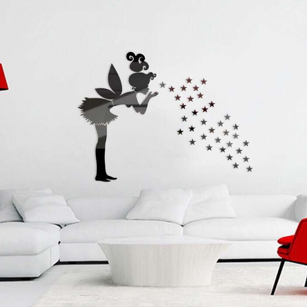 Mirrored Wall Clock Sticker Fairy Butterfly Living Room Bedroom Decor Wall Decal 