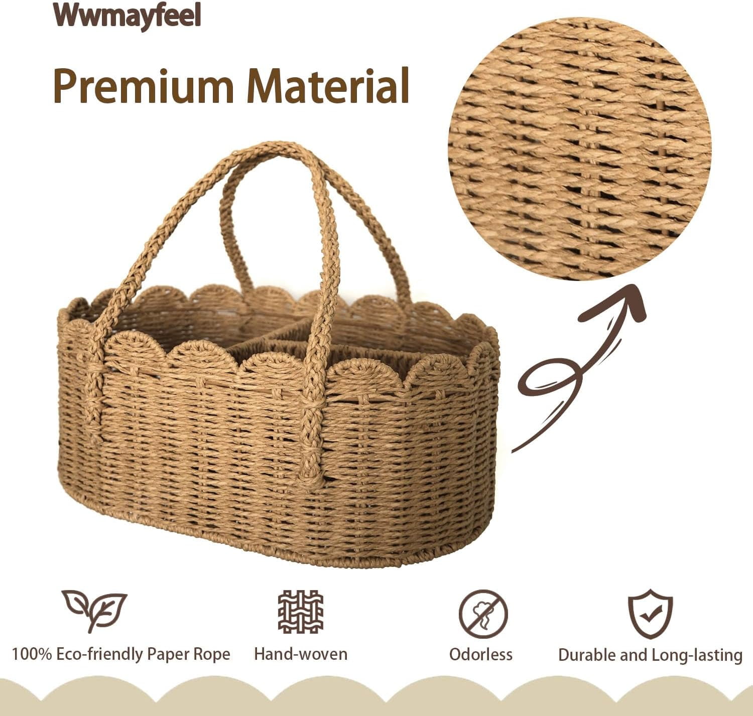 2026 Rattan Diaper Caddy Organizer, Woven Paper Rope Storage Rattan Baskets with Removable Divider, Portable Car Organizer for Diapers, Shower Gifts, Essentials Must Haves