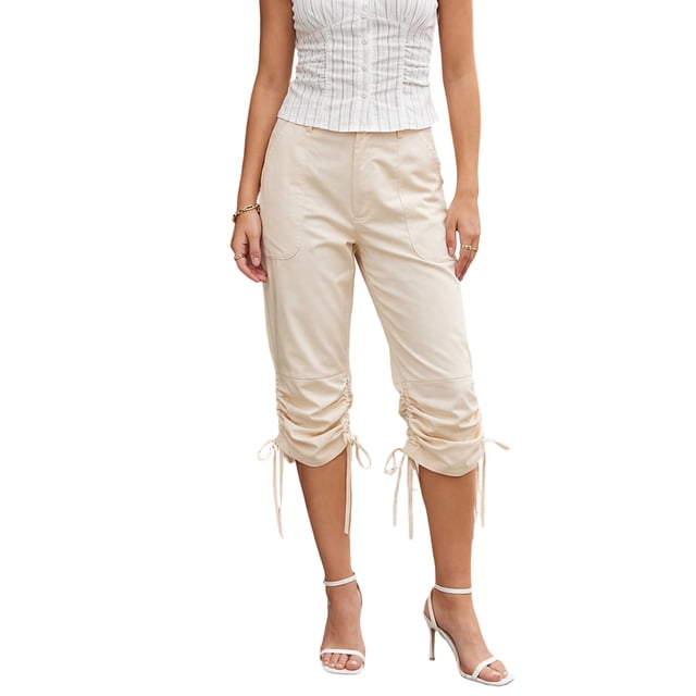 Pantalones capri de mujer para primavera/verano con cordón ajustable en los puños, color liso, corte ajustado y largo cropped.