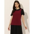 thumbnail image 3 of Peter Pan Collar Blouse for Women's Contrast Puff Short Sleeve Summer Top M Wine Red, 3 of 6