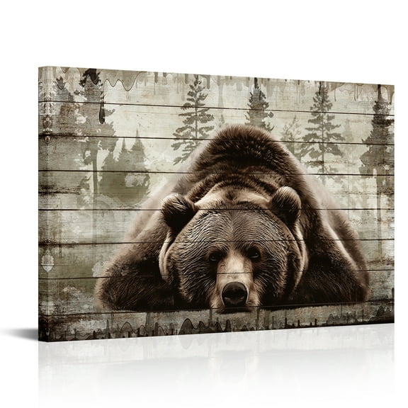 Brown Wall Art Painting Grizzly Bear Prints On Canvas Vintage Forest Wildlife Animal Pictures Wall Art for Home Cabin Decoration Rustic Farmhouse Decor 16x24 Inches