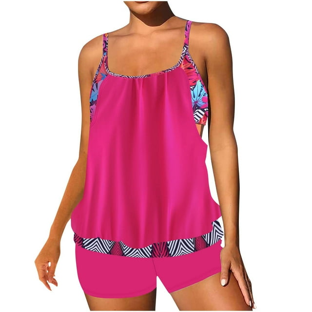 Swimsuit for Women, Plus Size Conservative Lace Stitching Split Tankini Set with Matching Swim Trunks, Ribbed Fabric, 95% Polyester 5% Spandex, Summer Beach Wear