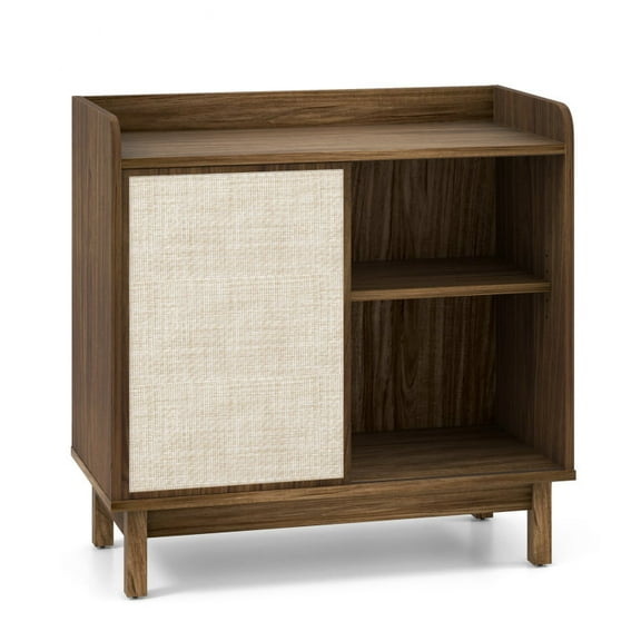 Rattan Buffet Sideboard Mid Century Floor Storage Cabinet with Sliding Door and Adjustable Shelves