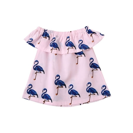 

Inevnen Baby Girl Off Shoulder Ruffle Tops Cartoon Flamingo Print Summer Dress