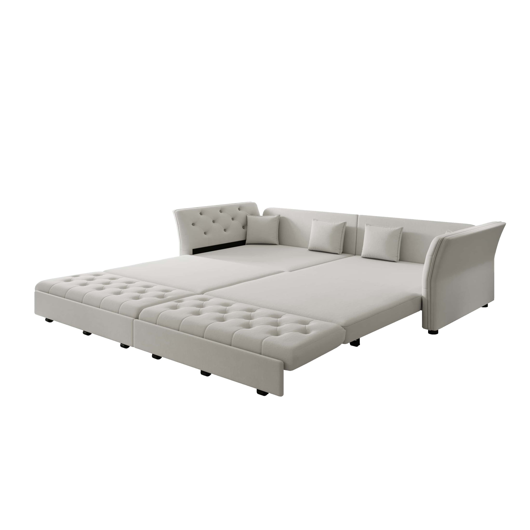 Noble House 100" Oversized Velvet Pull Out Sofa Bed, 3-in-1 Convertible Sleeper with Fabric Flower Tufting, Light Grey