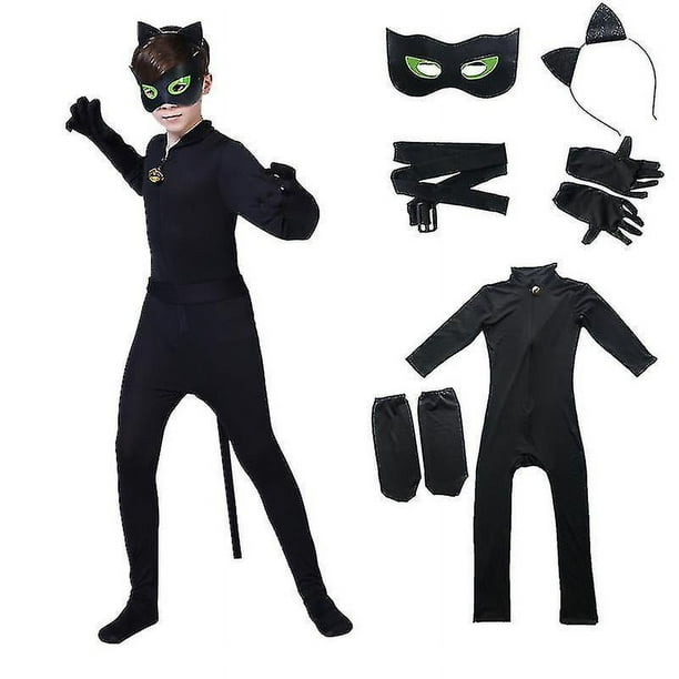 Disfraz de gato negro para niños, traje de Cosplay de Noel con máscara, oreja y cola