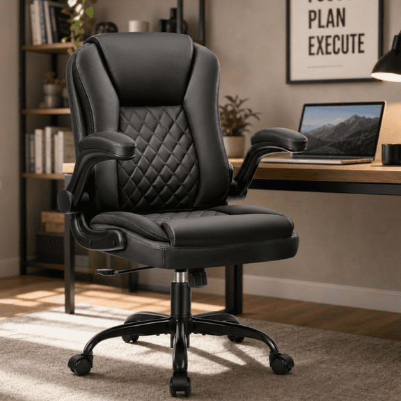 ALLGOD PU Leather Office Chair 400lbs, Ergonomic Desk Chairs with Padded Flip-up Arms and Lumbar Support, Rocking Function, 360° Swivel Computer Chair for Home Office, Black