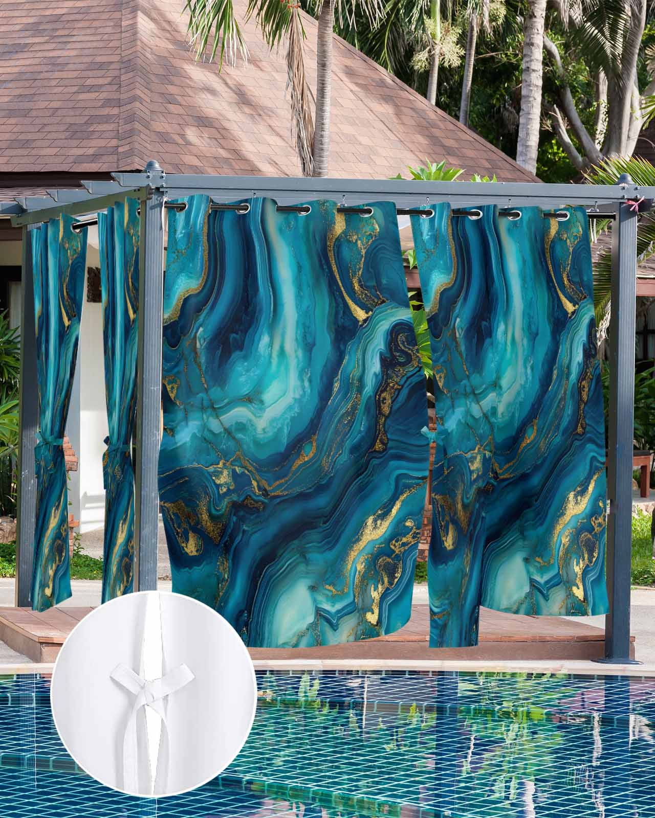 Outdoor Curtains for Patio, Teal Blue Marble Waterproof Blackout Outside Curtain for Porch/Pergola/Gazebo, Ink Painting Modern Abstract Yellow Thermal Insulated Drapes, 2 Panels, 54 x 84 Inch