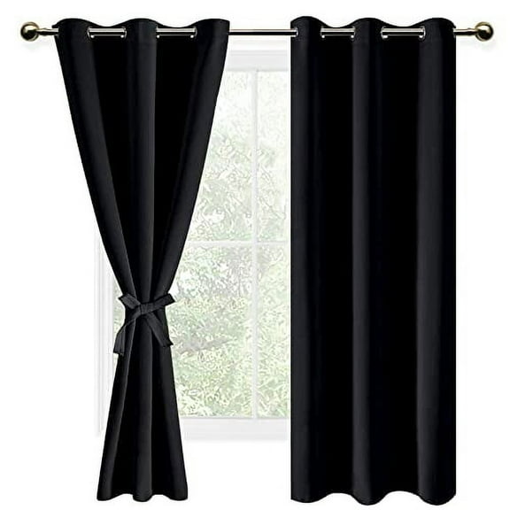 DWCN Black Blackout Curtains for Bedroom Sewn with Tiebacks - Thermal Insulated Light Blocking Grommet Window Curtains for Living Room, 42 x 63 inch Length, Set of 2 Drape Panels