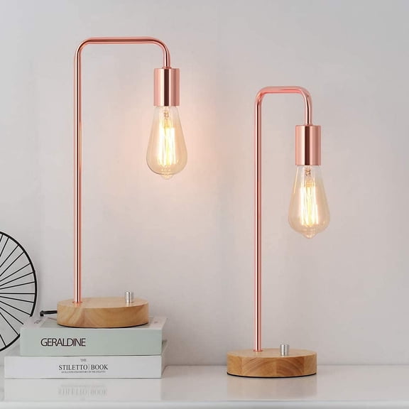 Set of 2 Edison Table Lamp, Industrial Nightstand Lamps, Rose Gold Desk Lamp with Wood Base