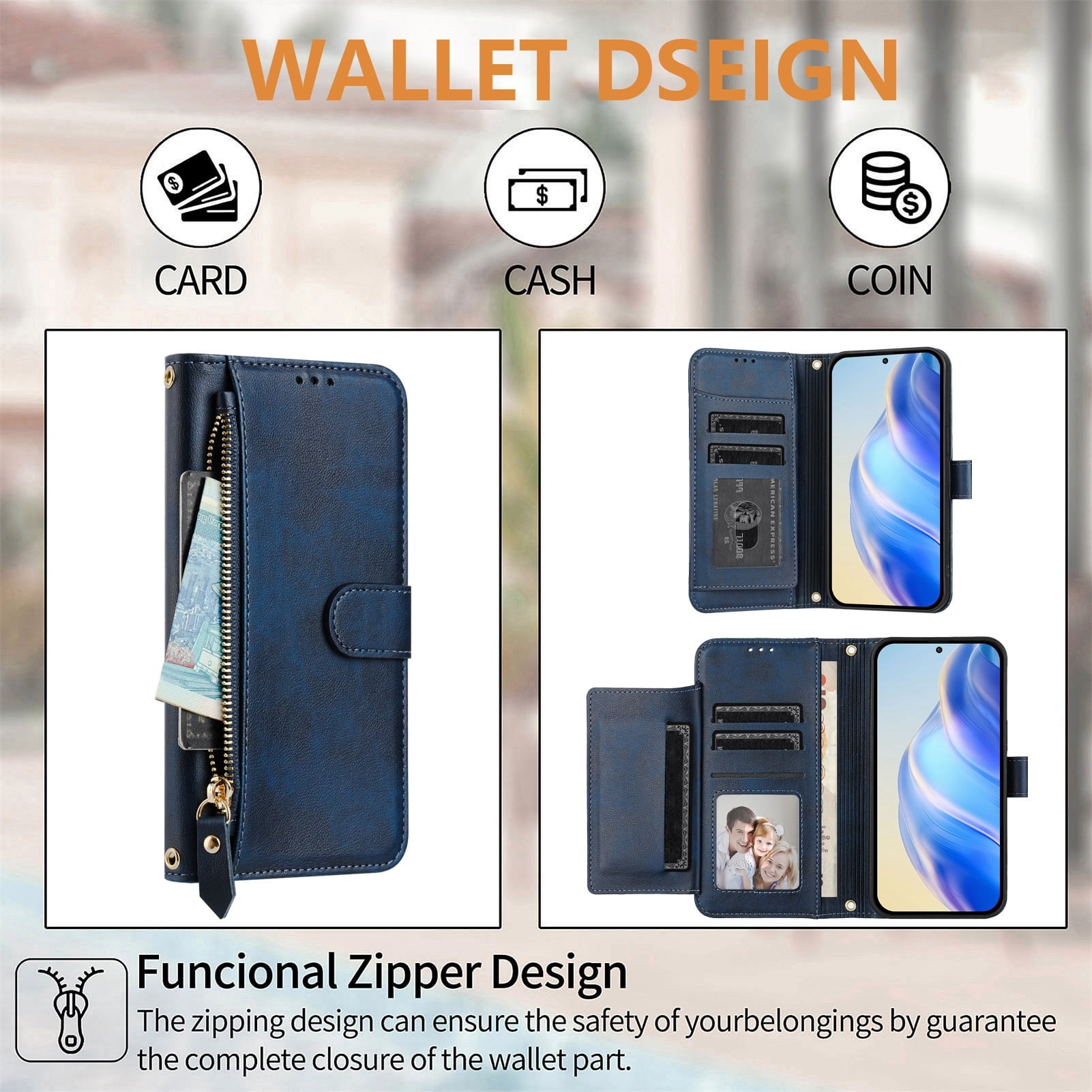 Filp Case for Motorola Edge 5G UW 2022 Zipper Pocket Magnetic Flip Wallet Phone Case with 7 Card Slots and Wrist Strap