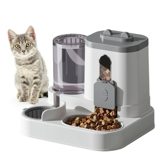 BLRTUN Dog Water Bowl Dispenser Automatic Cat Feeder Cat Food Dispenser 2-in-1 Dry Wet Separation Feeder Grey