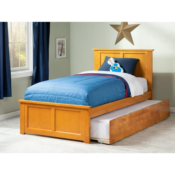 Madison Twin Platform Bed with Matching Foot Board with Twin Size Urban Trundle Bed in Caramel