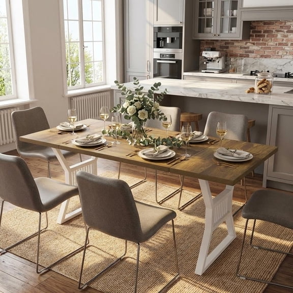 TROPOW 70.8" Dining Table for 4-6 People, Kitchen Table with Sturdy Metal Frame, Farmhouse Dining Table for Dining Room, Home Office, Living Room