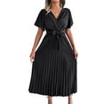 thumbnail image 1 of SAYOO Vestido Casual de Verano Mujer Cuello en V Manga Corta Plisado Dobladillo Grande Color Sólido Vestido Largo con Cinturón SAYOO casual, 1 of 7