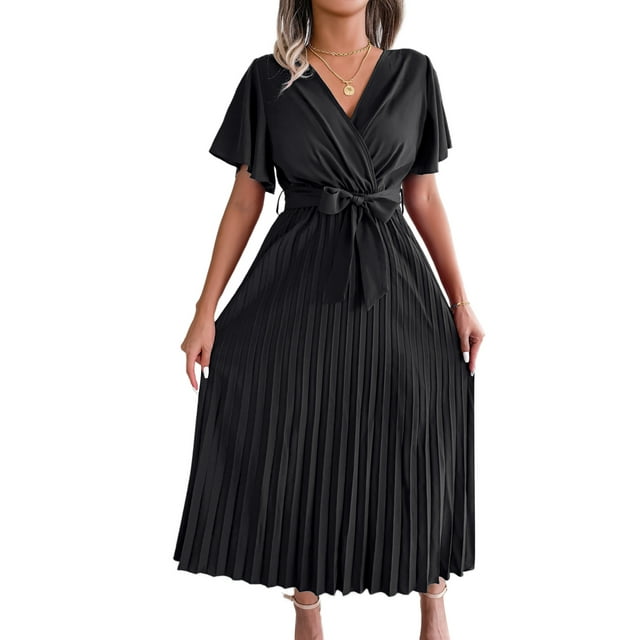 SAYOO Vestido Casual de Verano Mujer Cuello en V Manga Corta Plisado Dobladillo Grande Color Sólido Vestido Largo con Cinturón SAYOO casual